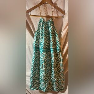 Milly Of New York Silk Dress Backless Chain Halter Sz 10 In Aqua Teal White